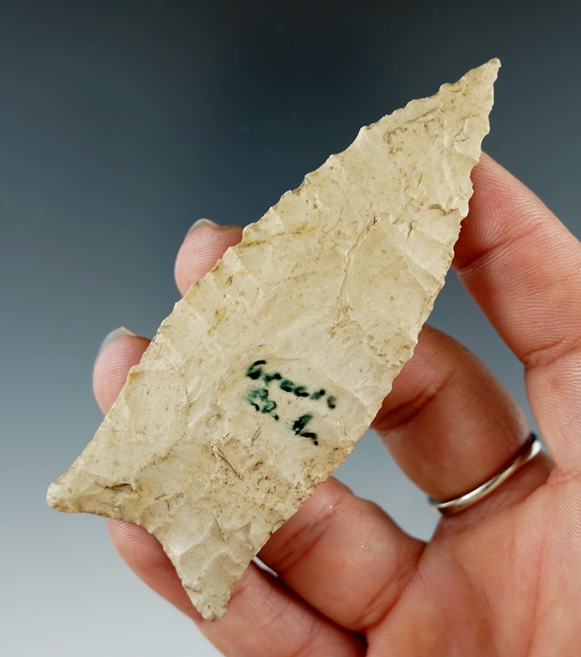 3 1/2" Dalton made from Burlington Chert, found in Green Co., Illinois.