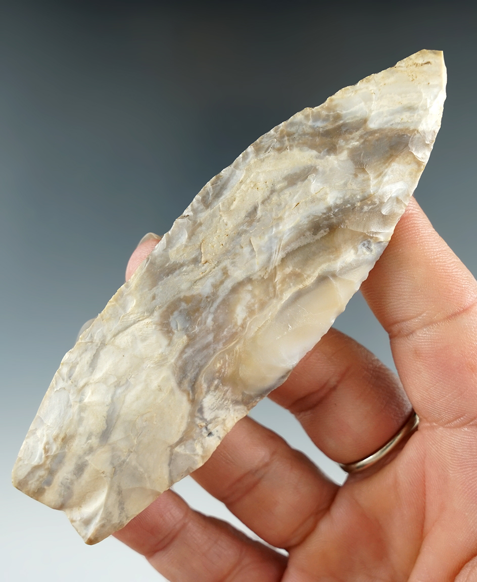4 1/16" Angostura made from gray and white Mozarkite Chert, found in Missouri. COAs.