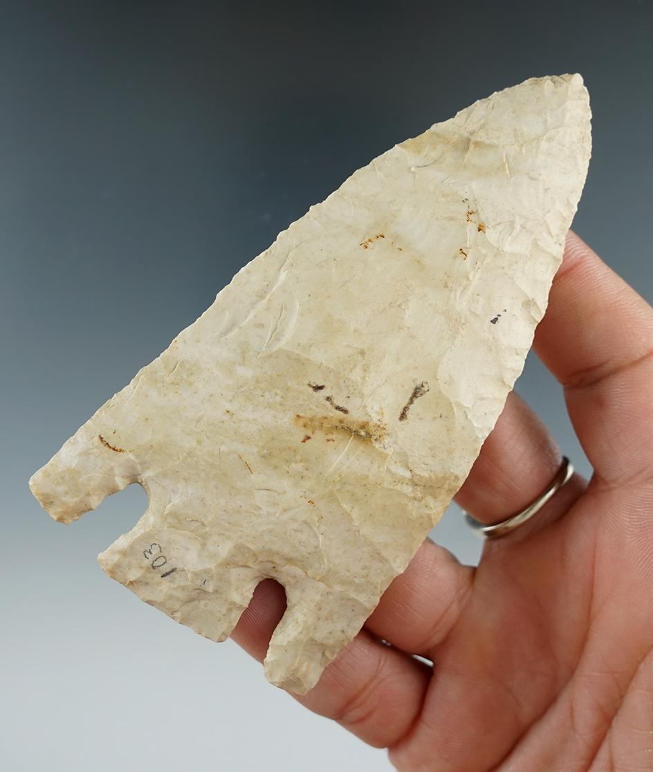 4 1/16" Smith made from Burlington Chert, found in Moniteau Co., Missouri. Perino COA.