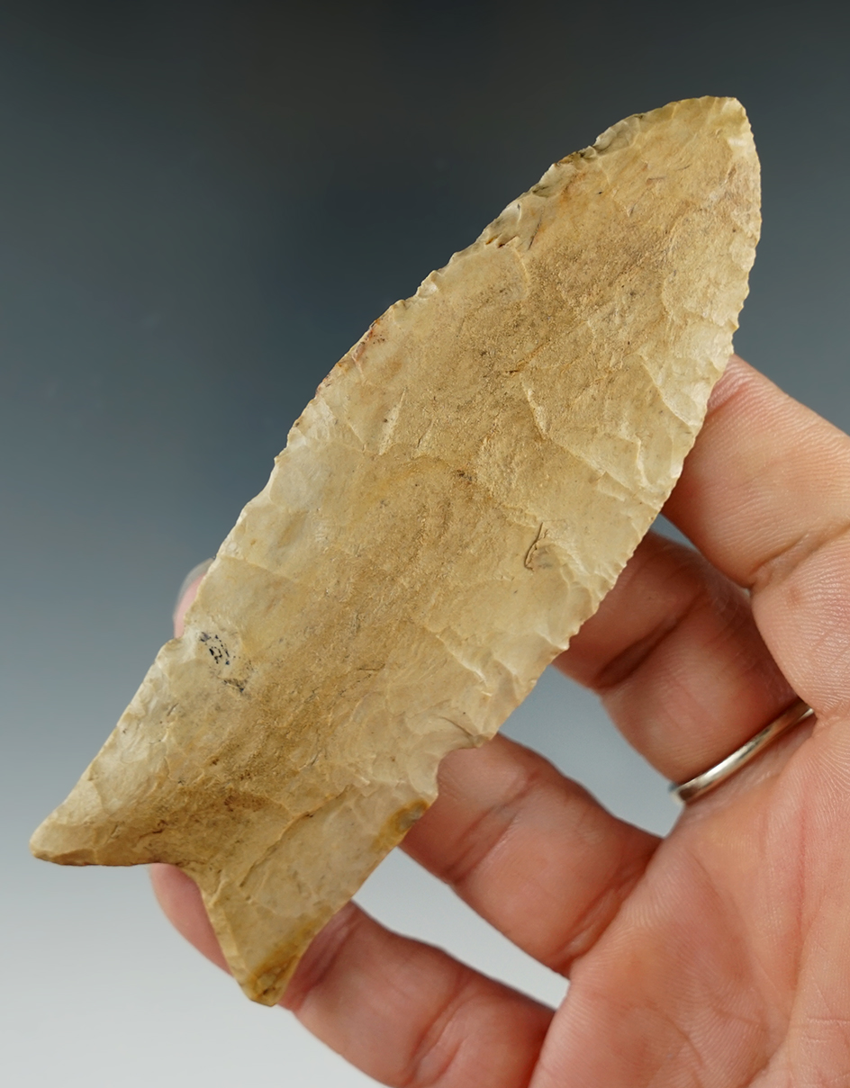 4 1/8" Pike County found in Pike Co., Illinois. Modern rechipping to blade edge near tip, COA.