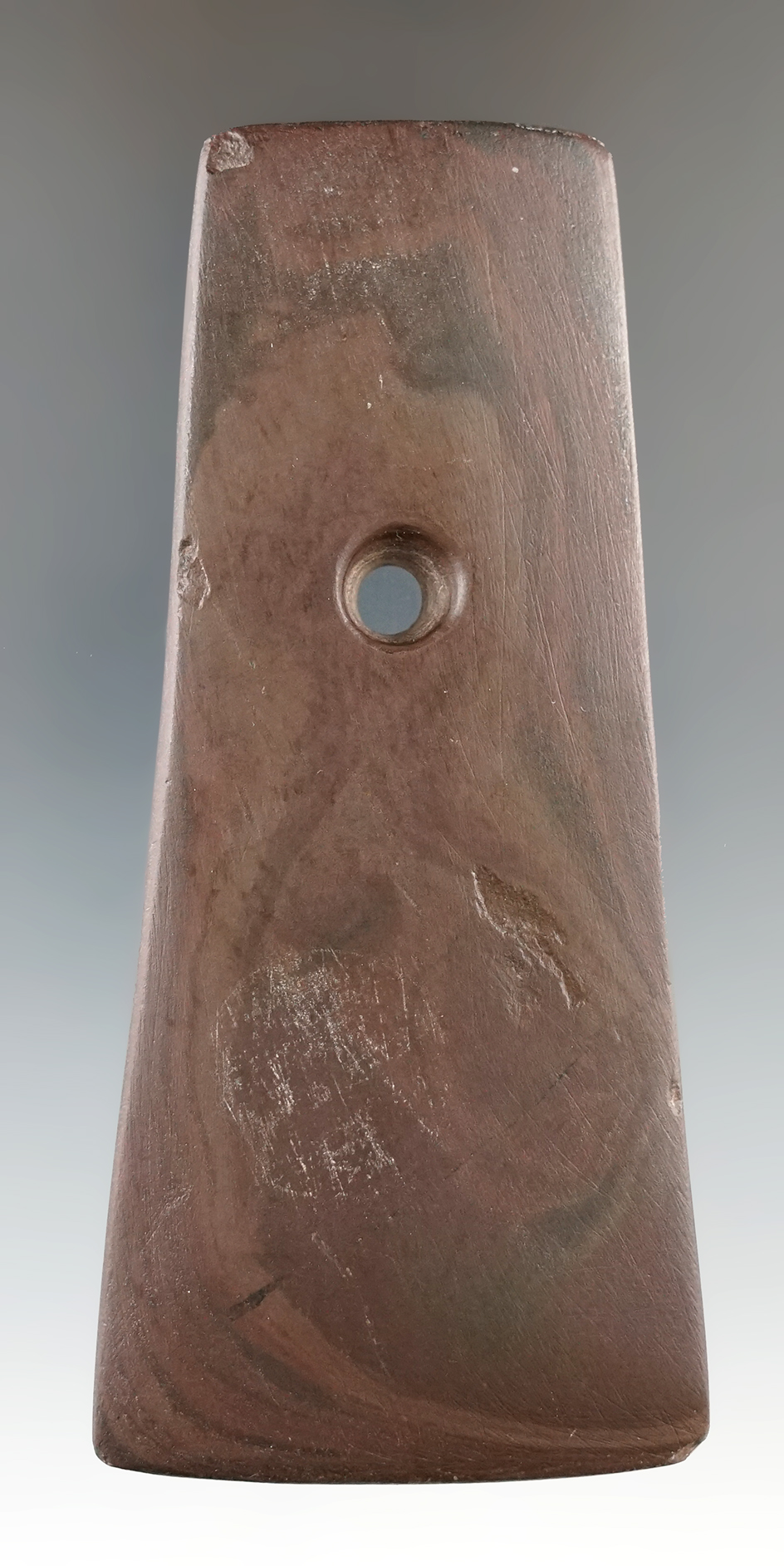 Ex. Root! 4 3/16" Adena Pendant made from red and black Mottled Slate, found in Logan Co., Ohio.