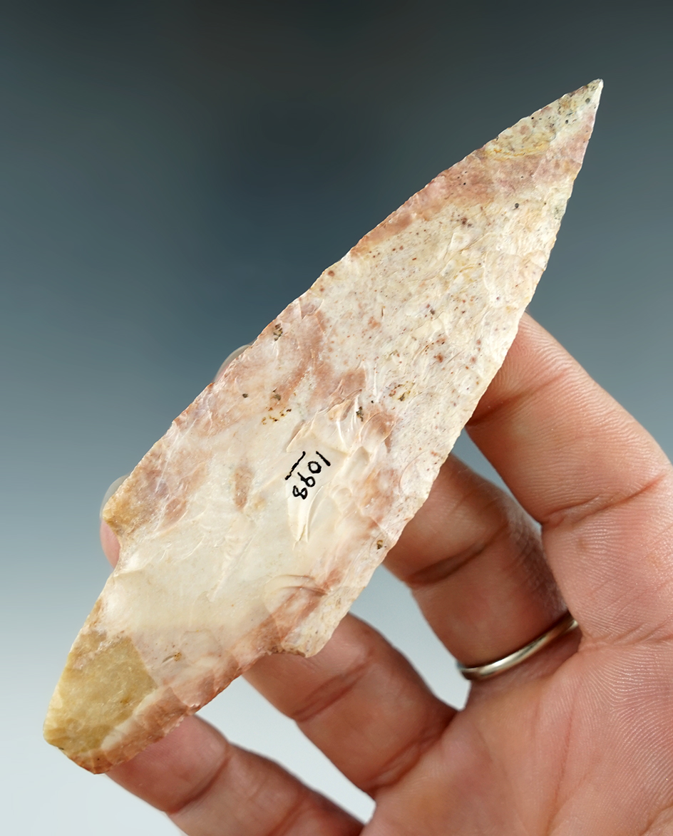 4 5/16" Dickson made from heat treated Burlington Chert, with restoration to the tip. COA.
