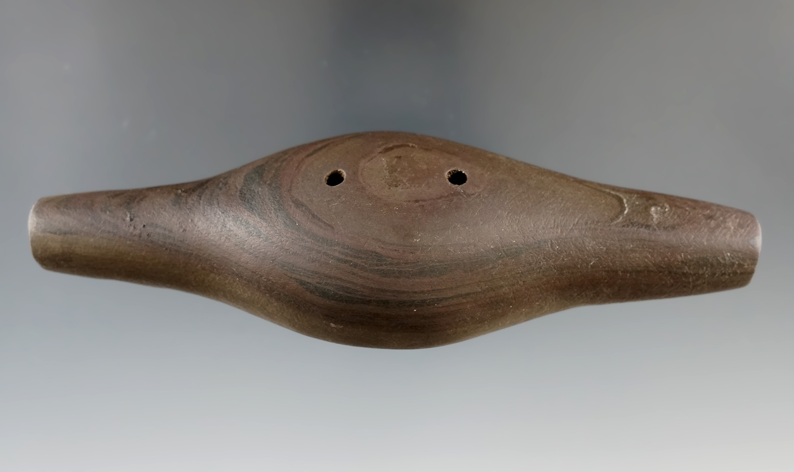 5 1/8" Expanded Center Gorget made from brown and black Banded Slate. Licking Co., Ohio.