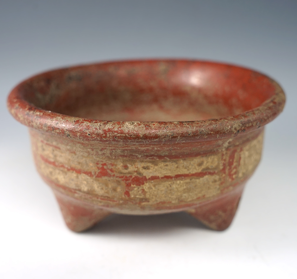 5 3/4" Pre-Columbian Terra Cotta Polychrome Tripod Bowl. Ex. Converse Collection. COA.