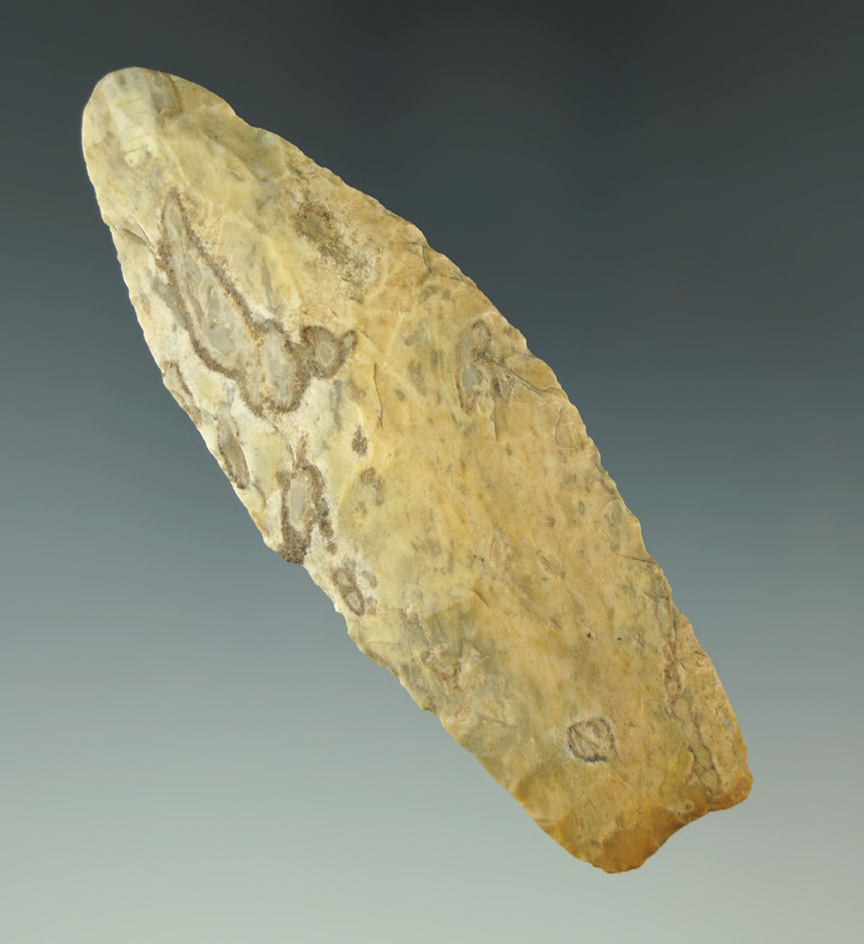 3 5/8" Agate Basin with modern rework to the tip area. Found in Missouri.