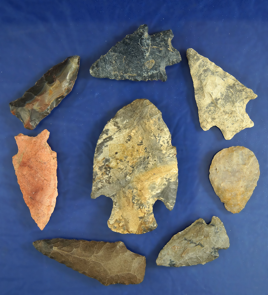 Set of eight assorted Midwestern Arrowheads, largest is 2 5/8".