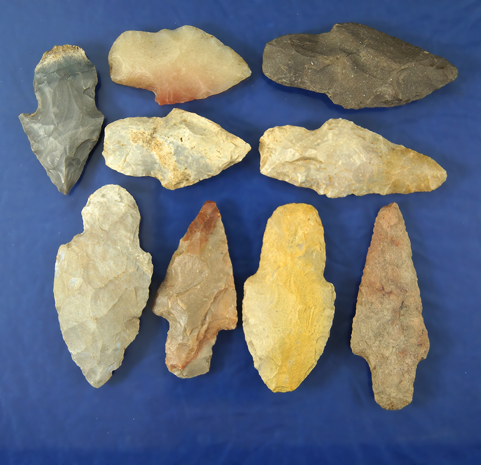 Set of nine Adena Arrowheads found in Ohio in nice condition, largest is 2 5/8".