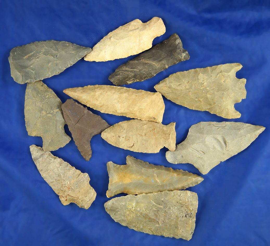 Group of 12 assorted Midwestern Arrowheads, largest is 3".