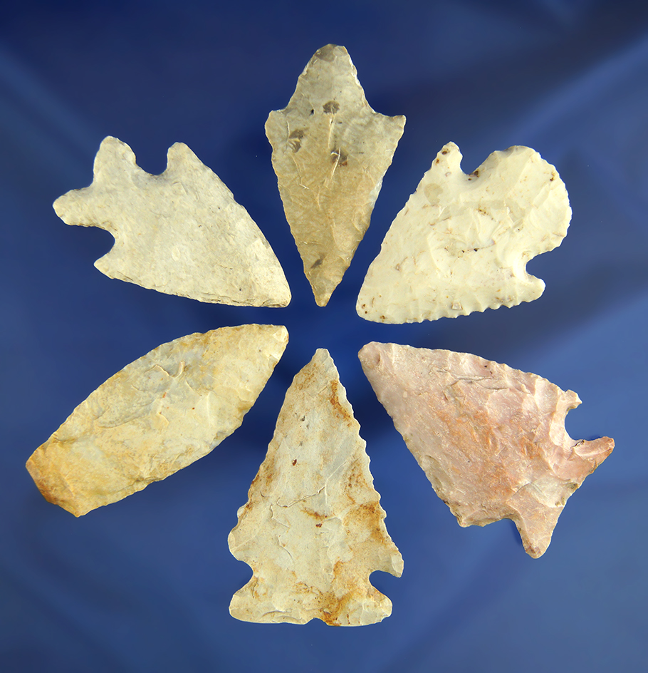 Group of six Midwestern U.S. Arrowheads, largest is 2 1/16".