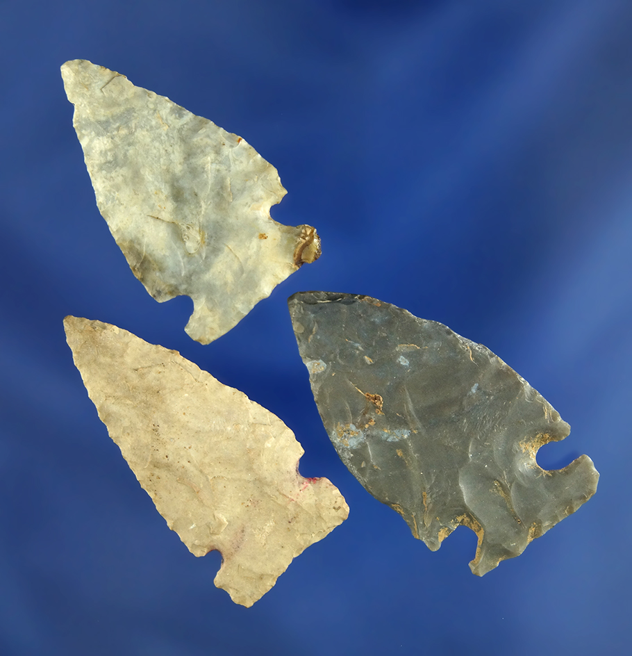 Set of three Intrusive Mound points found in Ohio, largest is 1 1/2".
