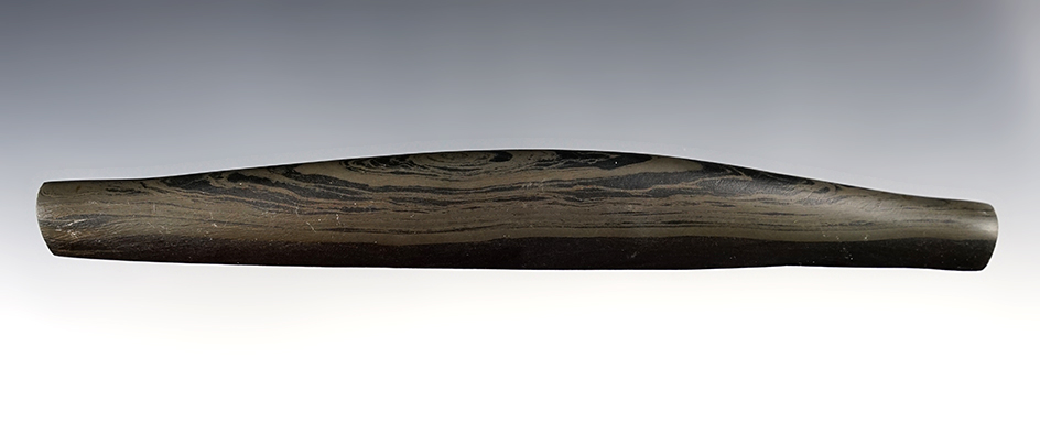 8" humped and drilled Bar Amulet made from Banded Slate. Found in Hardin Co., Ohio. COA. 