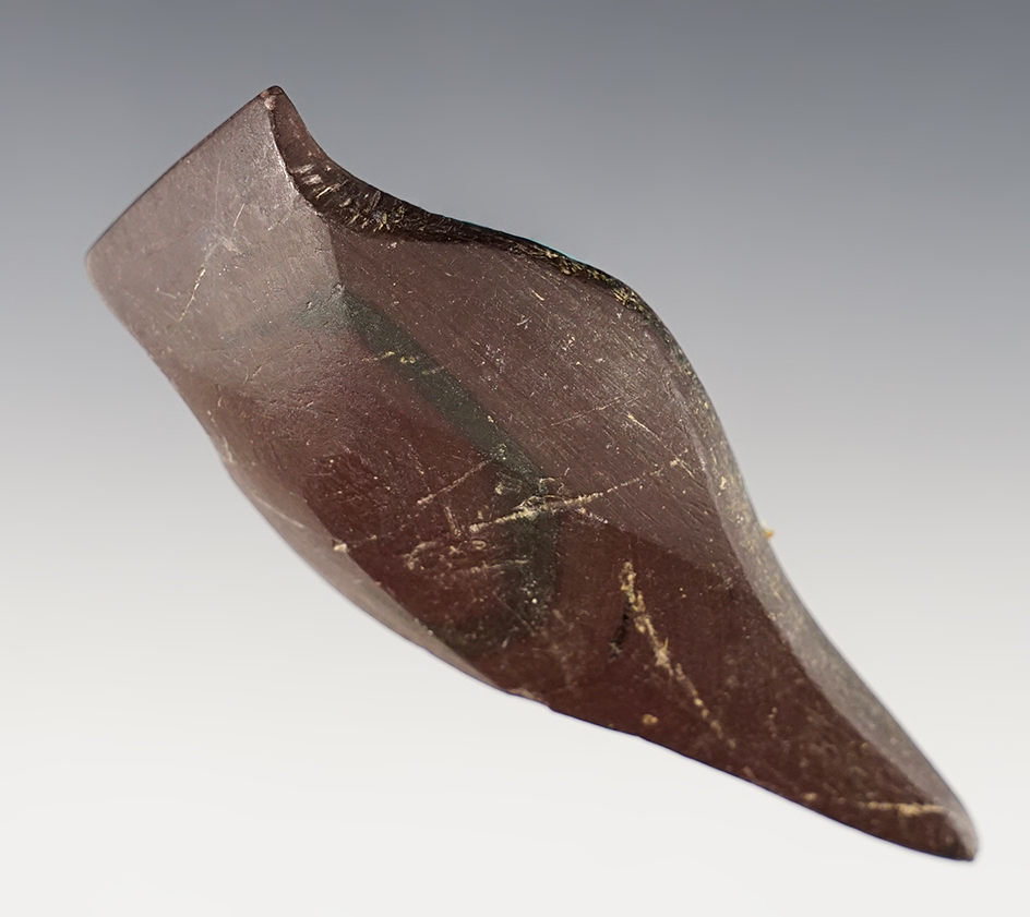 Uniquely styled 3 3/4" Brown Slate Lizard with restoration to the head area. Allen Co., Ohio.