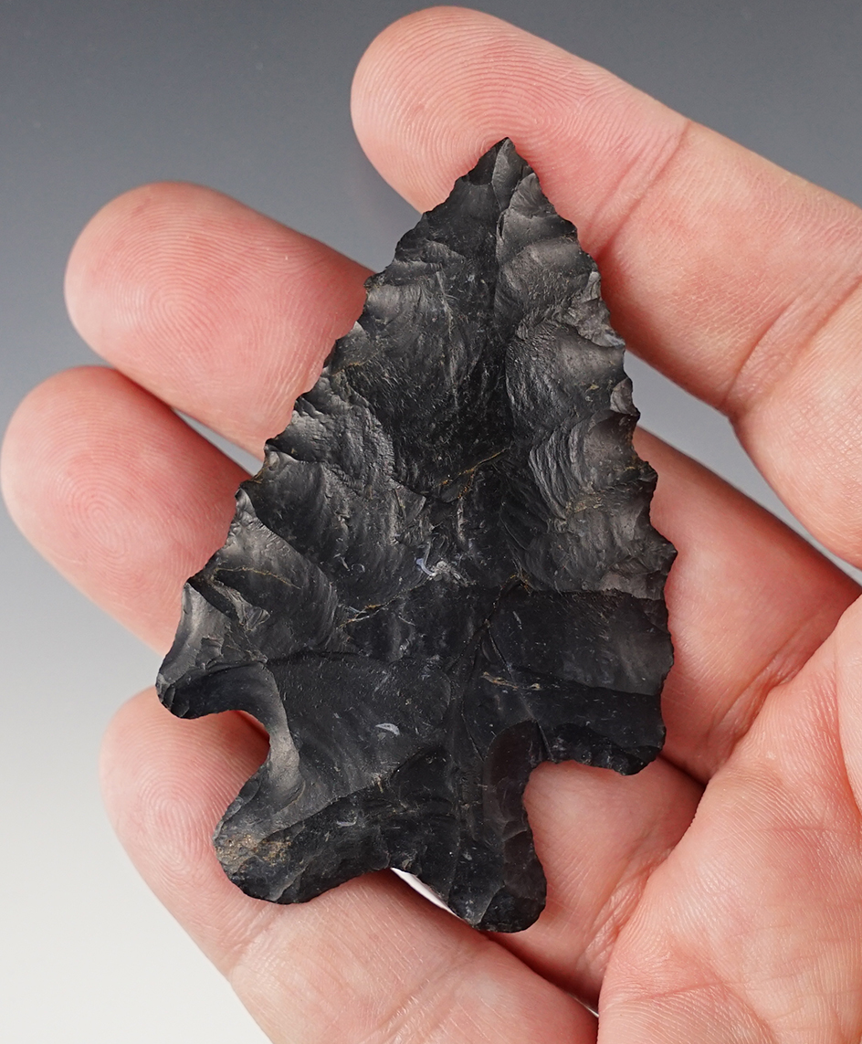 2 3/4" Bifurcated Base made from Coshocton Flint with excellent flaking, Holmes Co., Ohio.