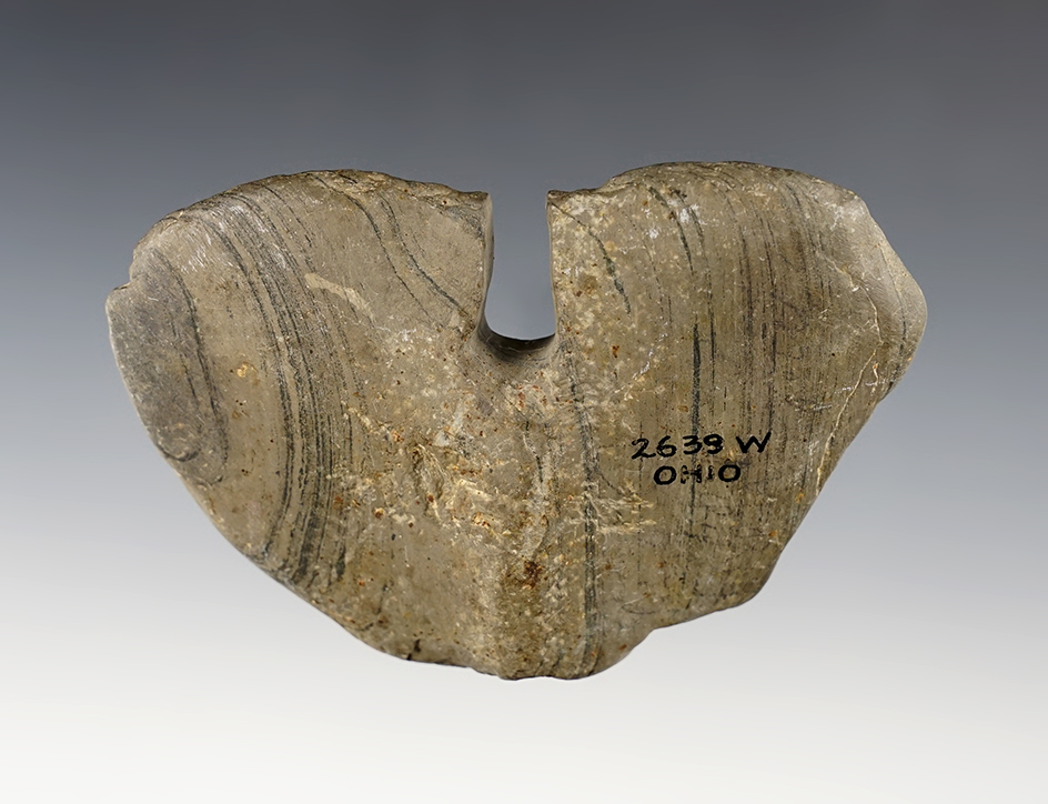 4 1/8" Single Notched Butterfly Bannerstone that is partially drilled found in Ohio. Ex. Wehrle.