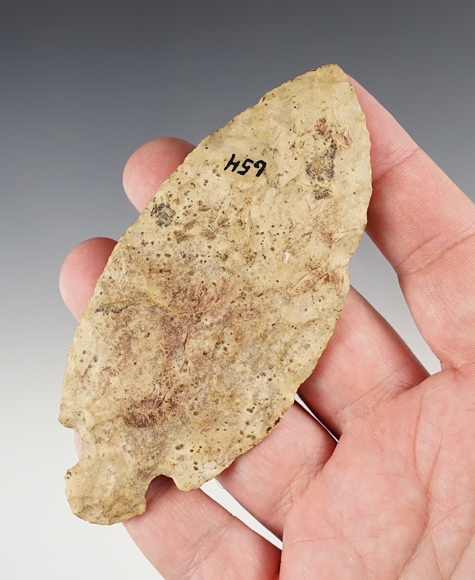 4 1/4" Ovoid Knife that is very heavily patinated. Marion Co., Ohio. Ex. Dr. Stingle, Dean Driskill.