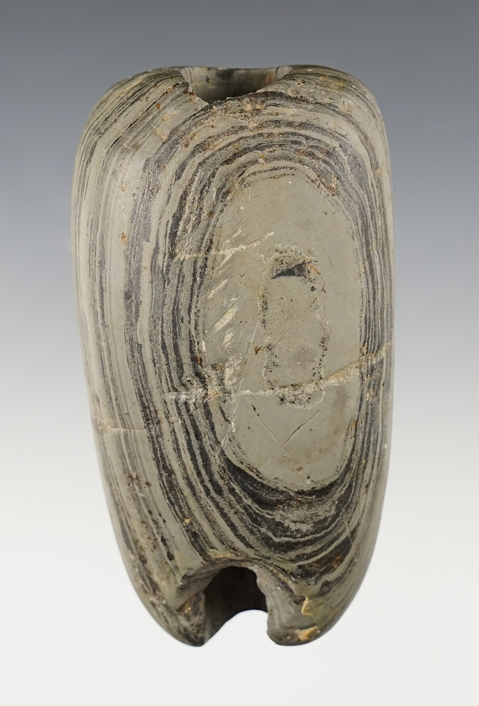 3 7/16" Flattened Tubular Bannerstone with a nice groove on bottom, Franklin Co., Ohio. 