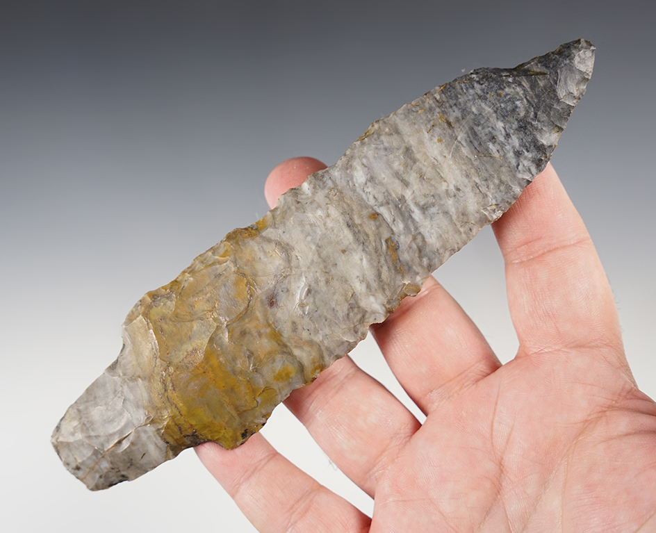 Large! 6 11/16" Adena Knife found in Ohio. Some ancient rework to tip area, no modern retouch.