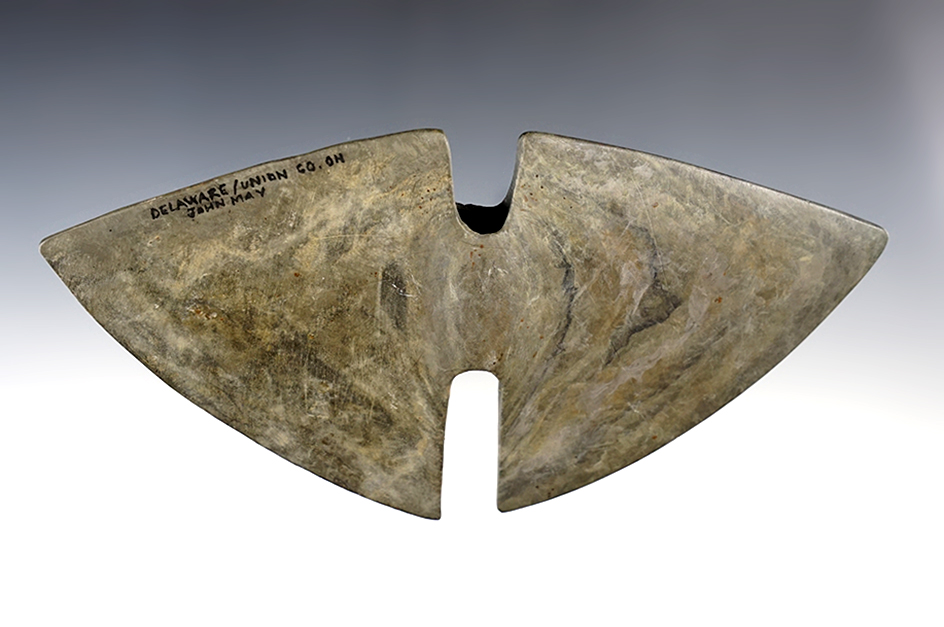 7" wide Double Notch Wing Bannerstone found in Delaware Co., Ohio. Professionally restored.
