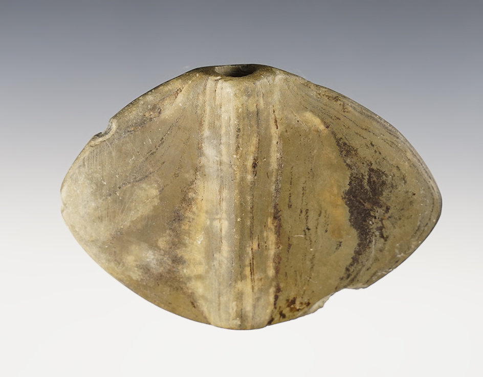 3 7/8" Wing Bannerstone made from Mottled Slate with tally marks. Found in Fairfield Co., Ohio.