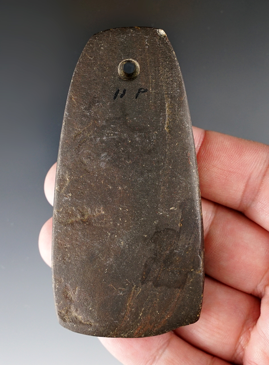 3 9/16" Trapezoidal Pendant made from red and black Banded Slate, found in Mercer Co., Ohio.