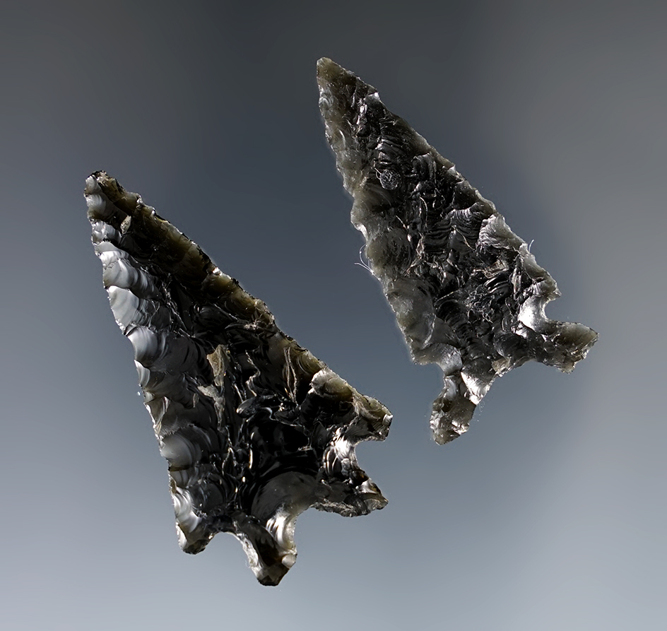 Pair of Obsidian Points including an Elko Eared and a Pinto Basin found in Lake Co., Oregon.