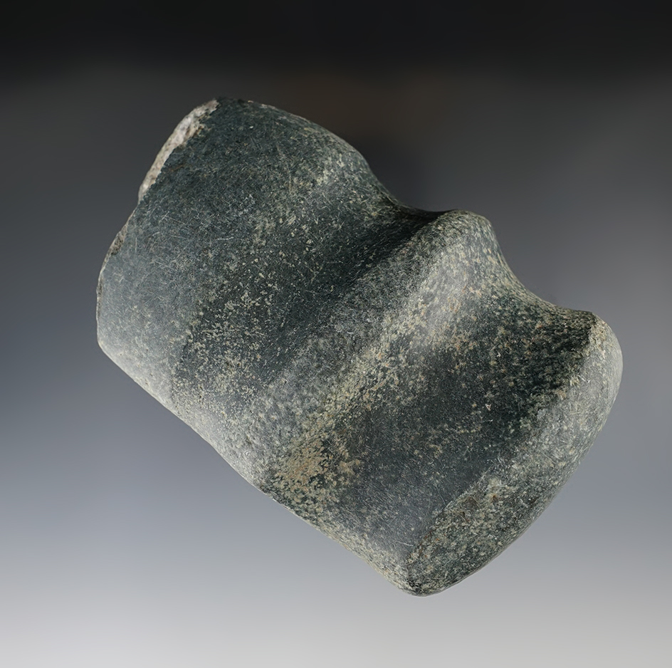 Rare style! 4 3/8" Double Groove Diorite Axe that was starting to be used as a Hammerstone.
