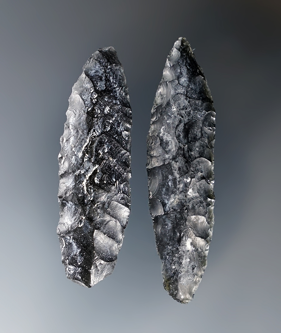 Pair of Cascades made from obsidian found in Warner Valley Oregon. Largest is 2 7/16".