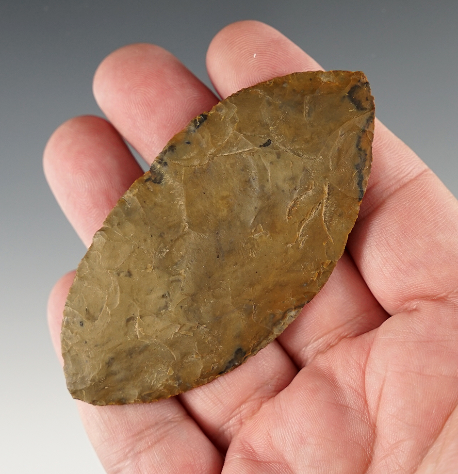 Incredible flaking on this well styled 3 3/8" Early Leaf Blade found near the lower Columbia River.