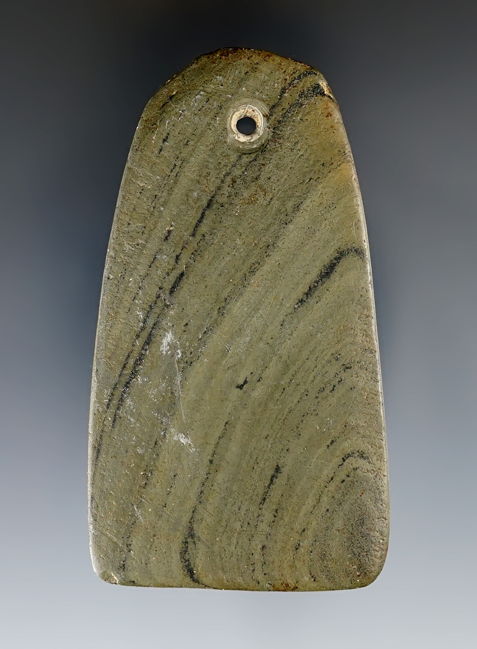 3 1/8" Hopewell Trapezoidal Pendant made from green and black Banded Slate - Tuscarawas Co., OH.