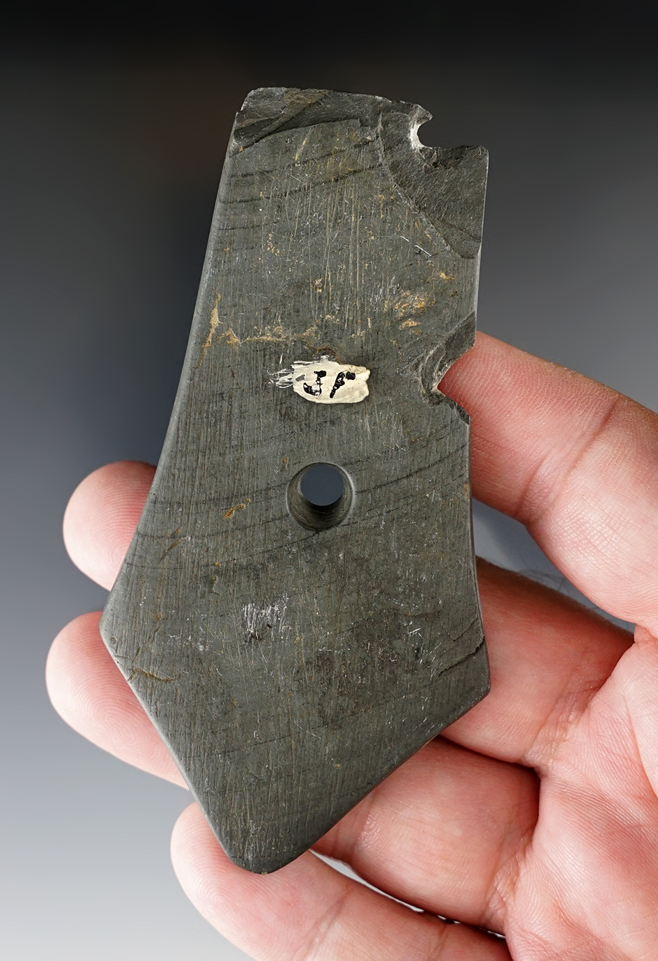 4 1/16" Hopewell Pentagonal Pendant made from Banded Slate. Ex. B.B. Thomas Collection.