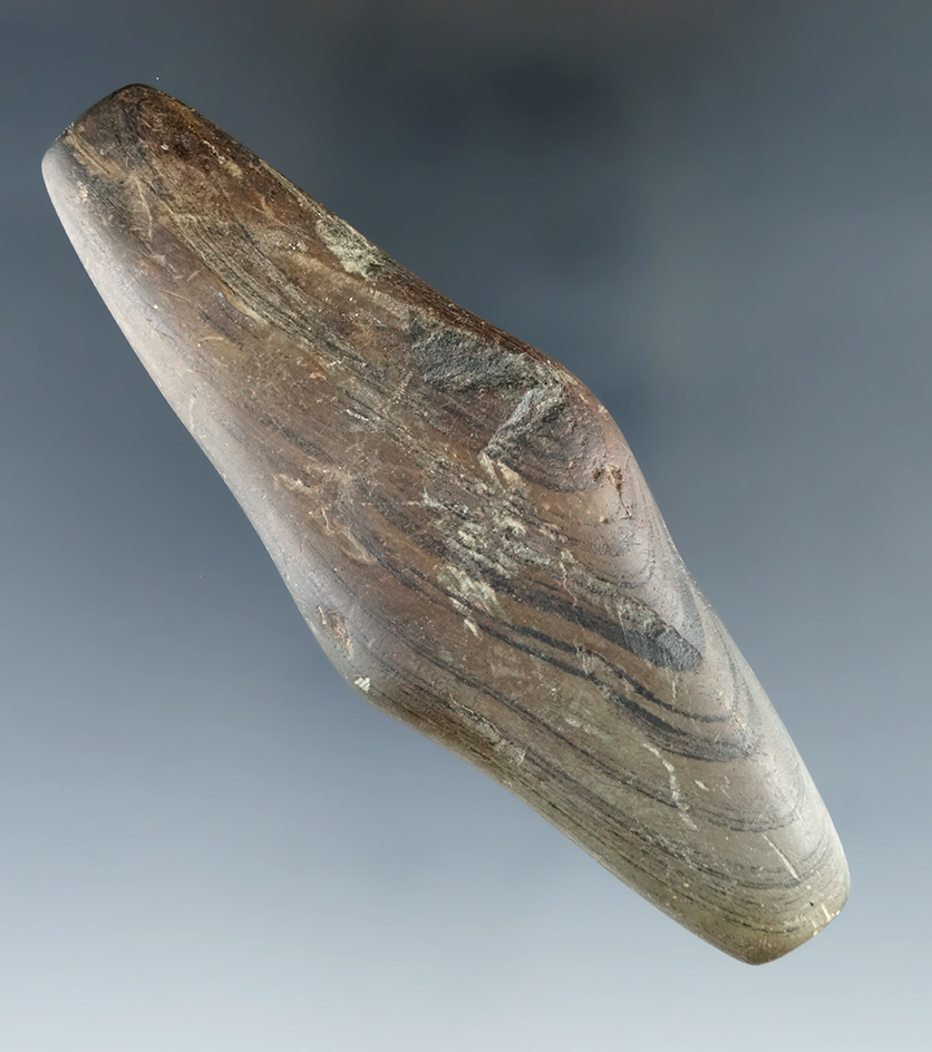 Undrilled 4 1/4" Adena Expanded Center Gorget/Weight found in Seneca Co., Ohio.