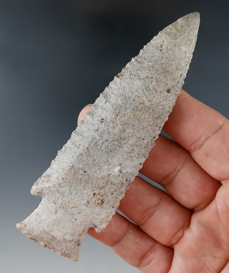 4 1/16" beveled Hardin with restoration to 1/2" of tip. Found near New London, Ralls Co., Missouri.