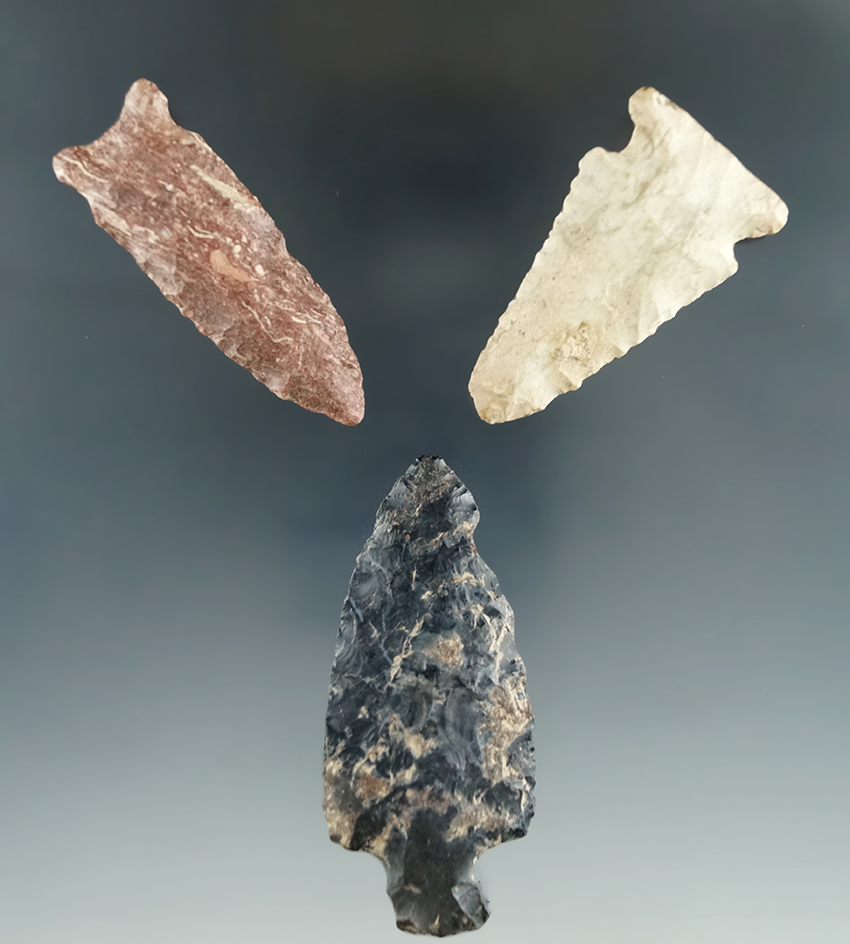 Set of three assorted arrowheads found in Indiana, largest is 2 5/8".