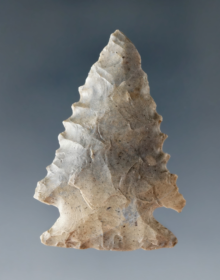 1 15/16" nicely serrated Hornstone Cornernotch found in Illinois.