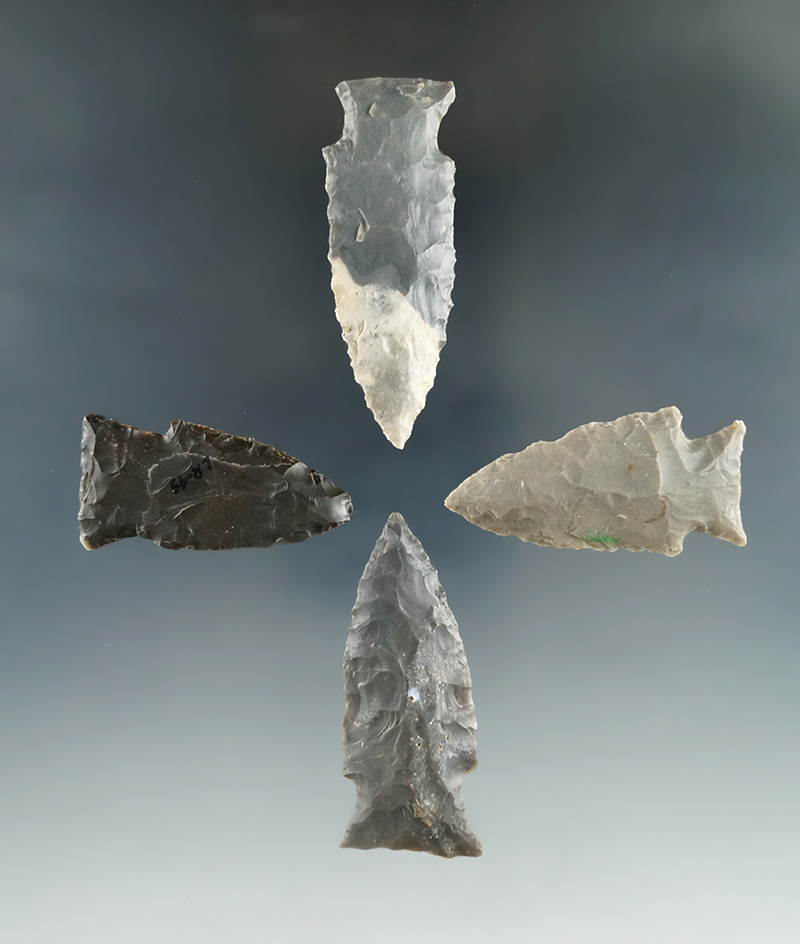 Set of four arrowheads found by Bob Edler in southern Indiana. Ex. Bob Edler, Larry Tolliver collect