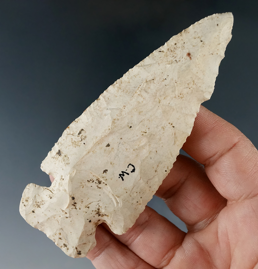 4" Sidenotch Knife found in Jersey Co., Illinois made from Burlington chert with nice mineral deposi