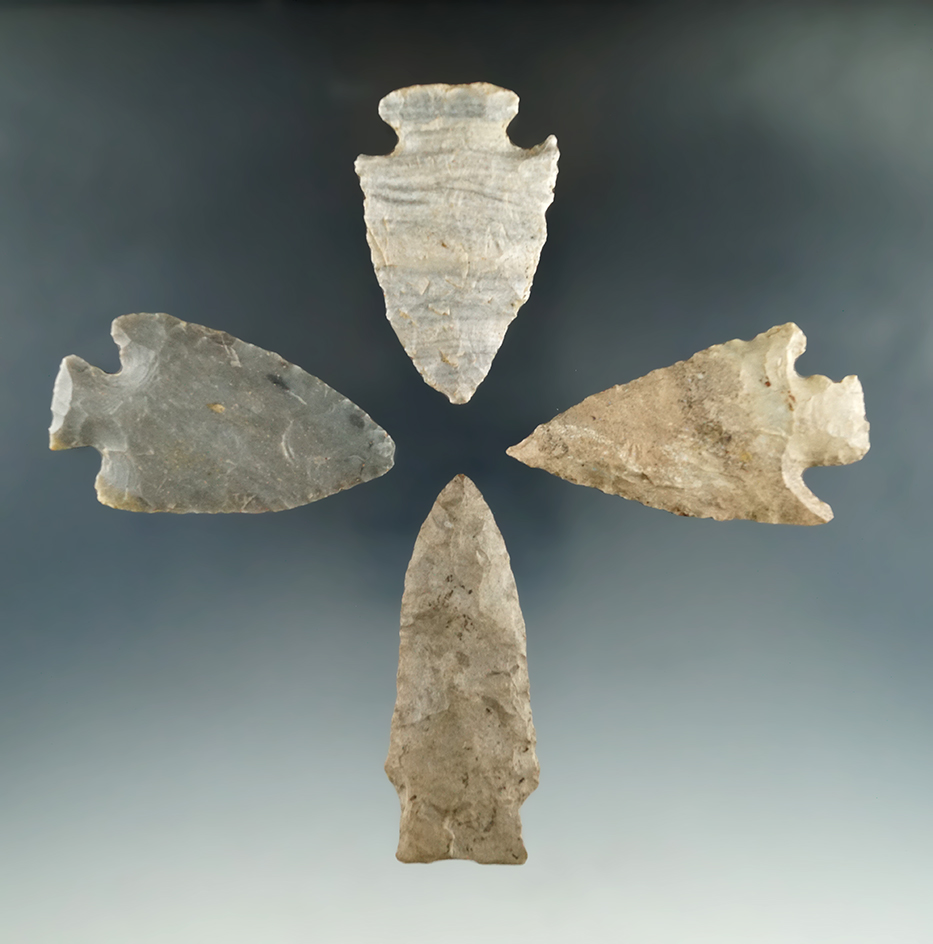 Set of four assorted Kentucky arrowheads, largest is 2 3/4".