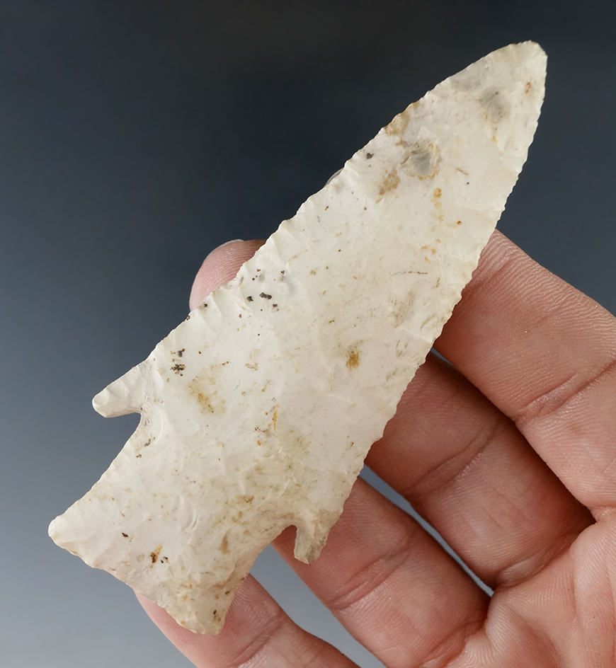 3 3/8" Hardin made from Burlington chert with restoration to the ears. Found in Missouri.