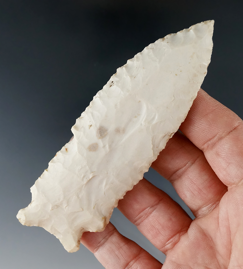 4" Burlington chert Stilwell with nicely serrated edges found in St. Clair Co., Illinois.