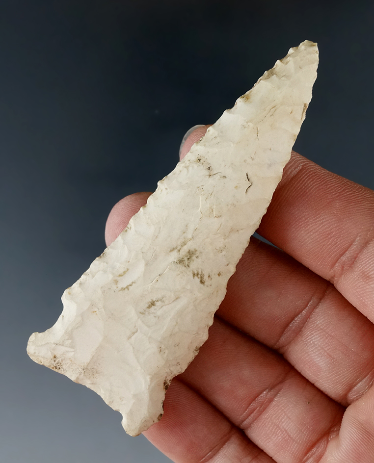 3 1/8" nicely beveled Archaic Sidenotch found in Cedar Co., Missouri.