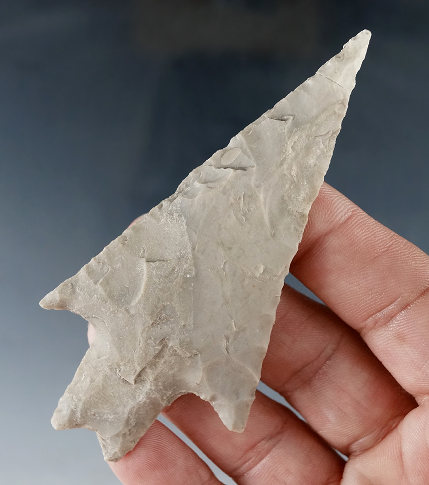 Excellent style on this 3 1/2" Pedernales point found in Central Texas. Tip has been broken and glue