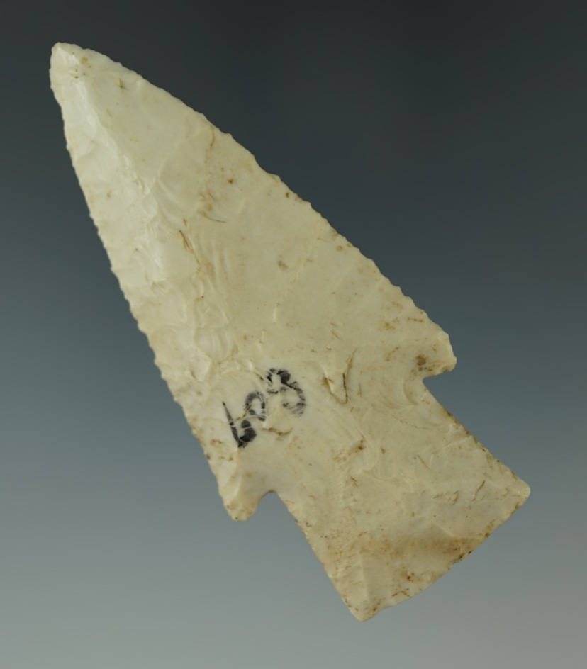 Excellent flaking on this classic style 3 1/8" Beveled Hardin found in Appleton, Missouri.