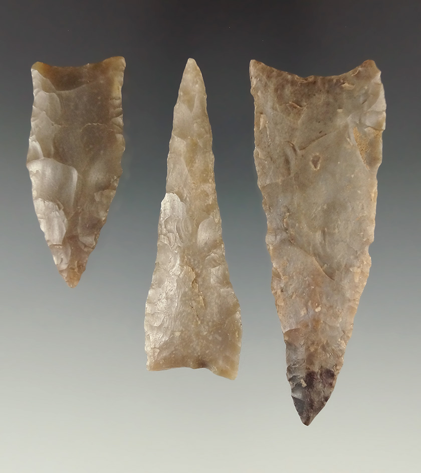 Set of three Texas Arrowheads made from Edwards Plateau Chert, largest is 2 5/8".
