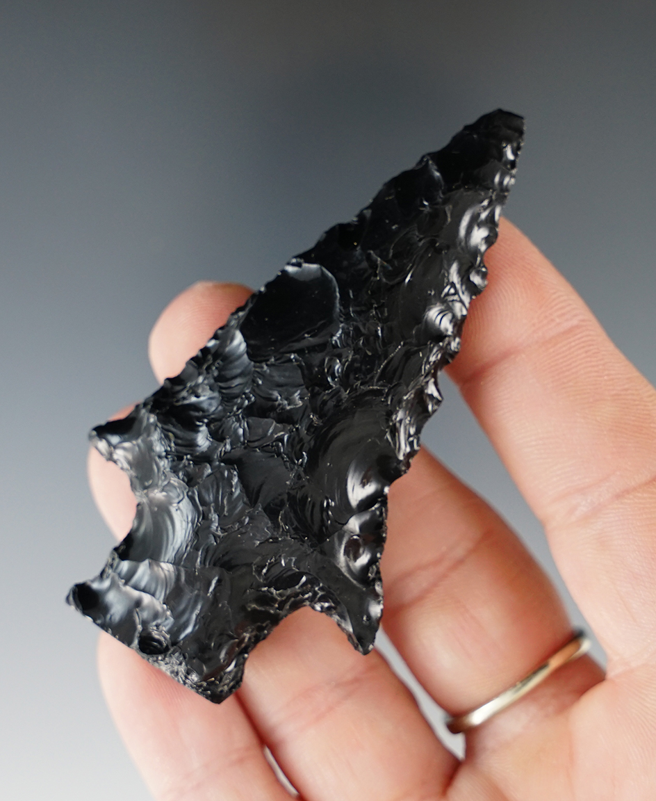 2 7/8" obsidian knife that was salvaged from the upper half of a larger knife in ancient time . OR.