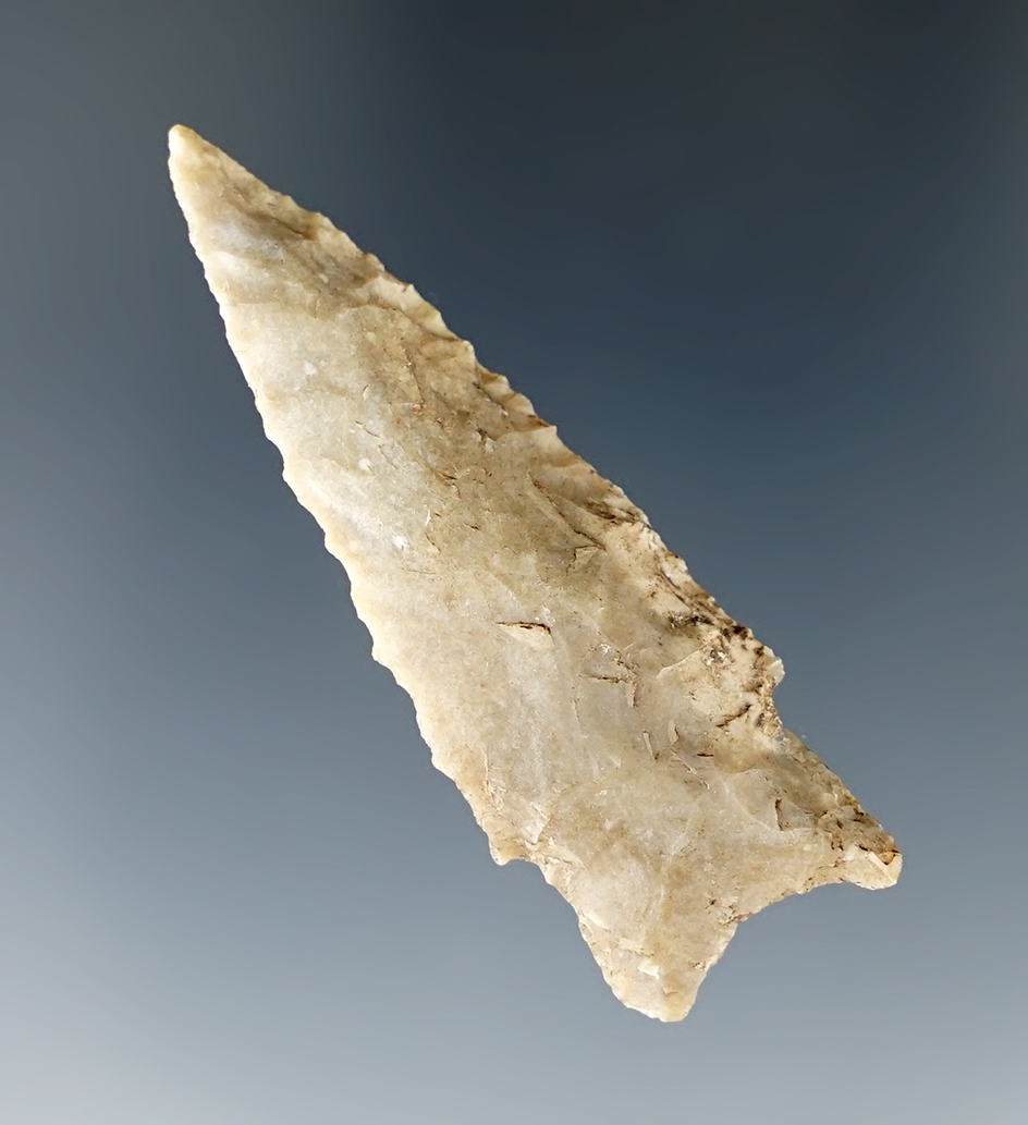 1 7/8" Darl made from light gray chert, found in Lee Co., Texas. Comes with a Rogers COA.
