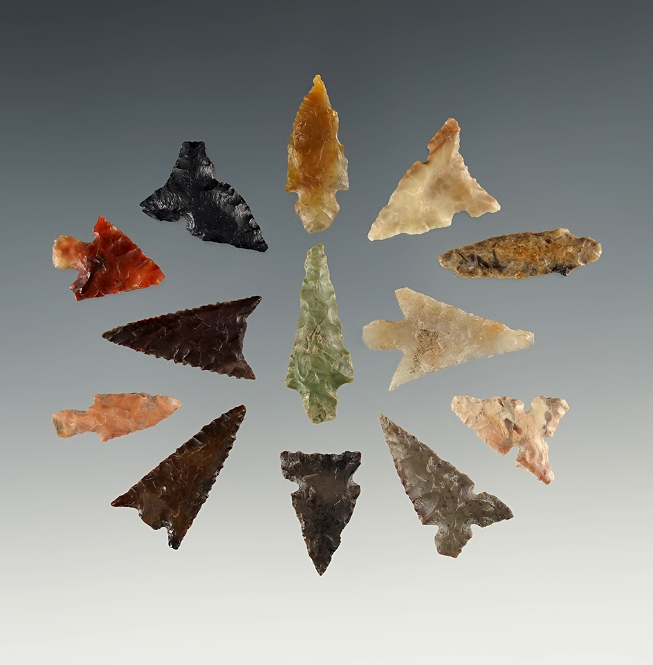 Set of 13 assorted Columbia River arrowheads. Largest is 15/16".