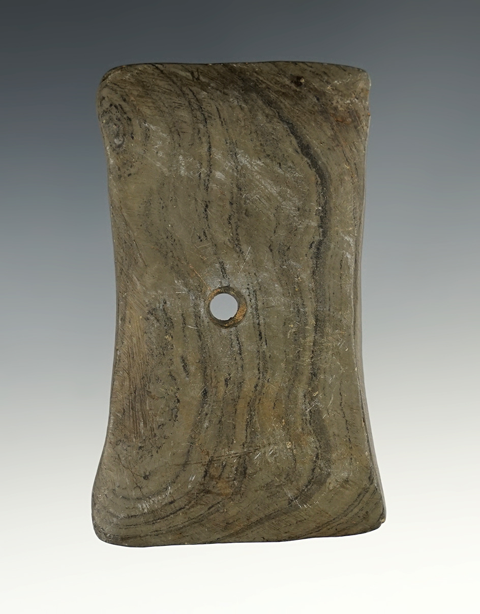 3 1/8" Hopewell Bi-Concave Pendant made from green and black Banded Slate. Ex. Cull Family.