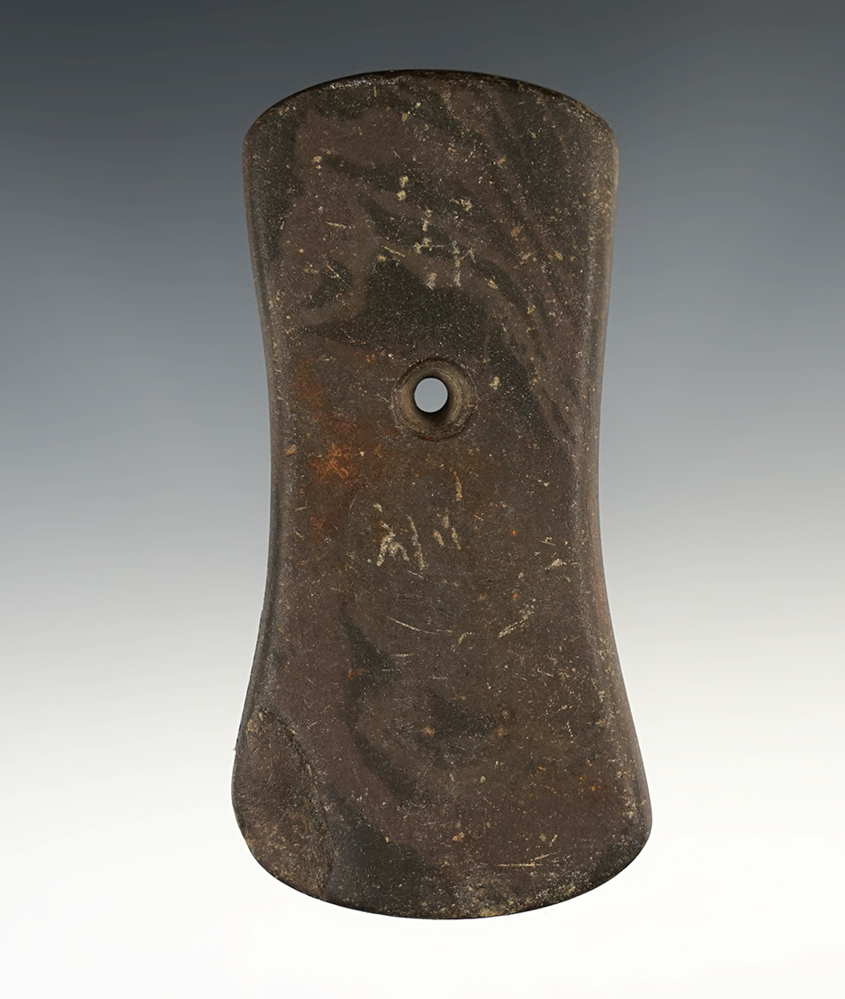 4" Adena Bi-Concave Pendant made from red and black mottled Slate. Found in Ohio. Ex. Wehrle