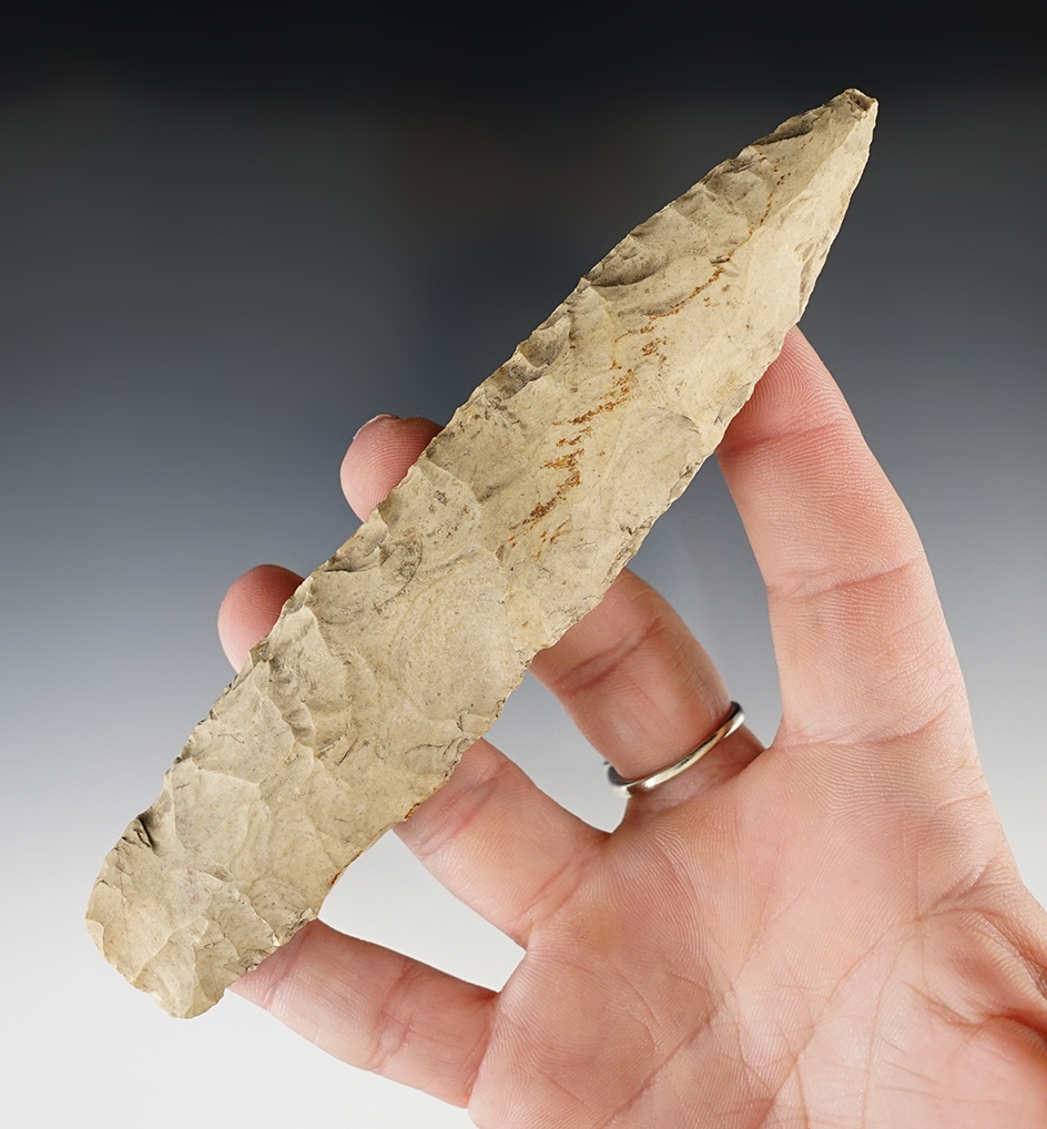 large 5 1/2" Lanceolate knife that is heavily patinated found in Illinois.