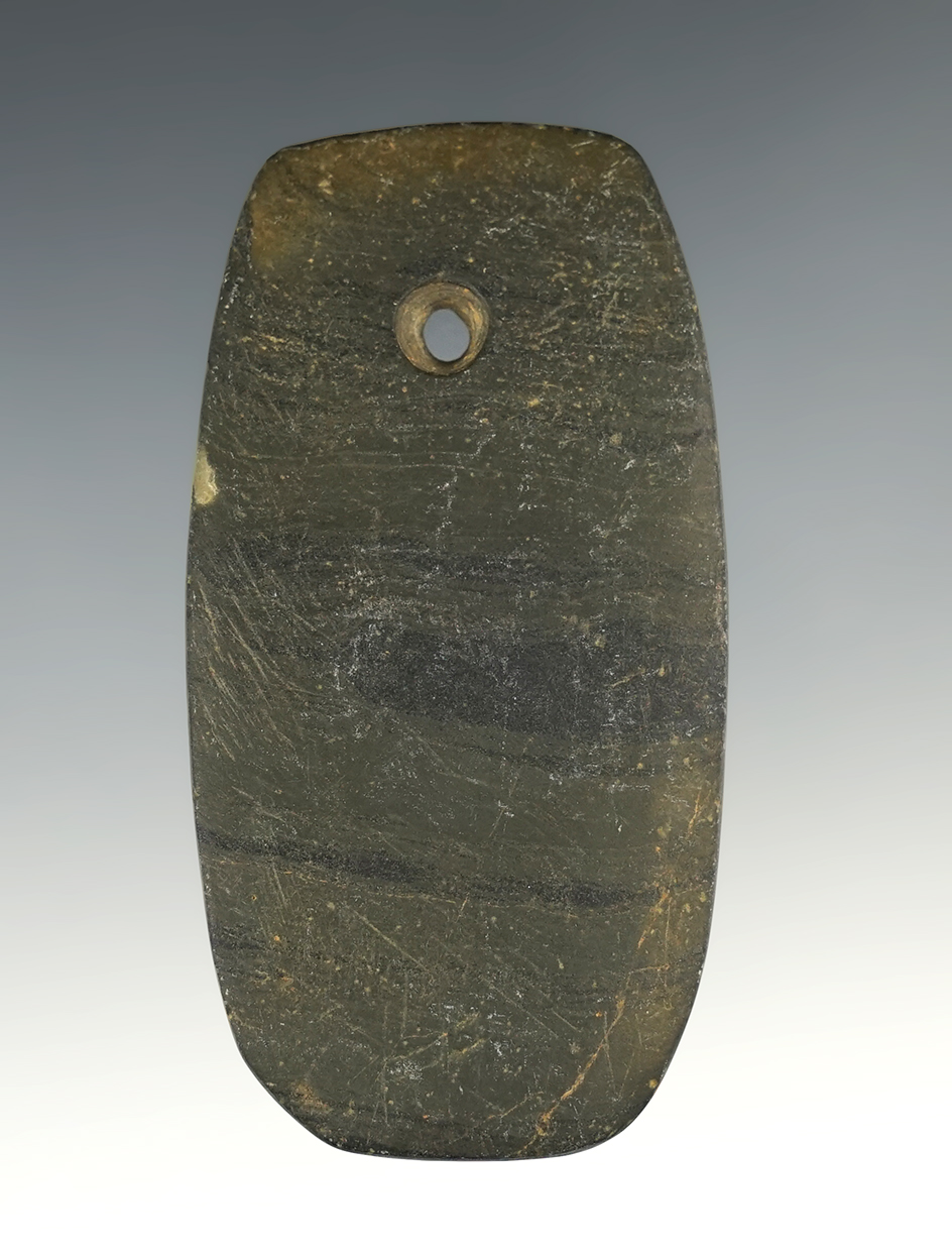 3 1/16" Adena Trapezoidal Pendant made from green and black Banded Slate. Putnam Co., Ohio.